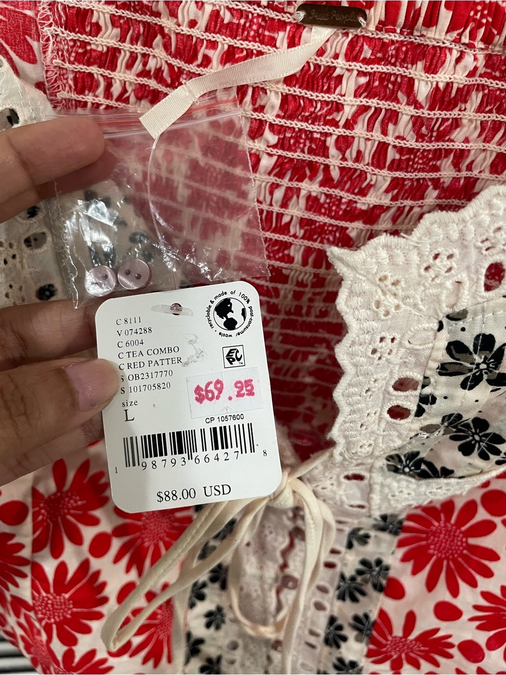 NWT Free People Red, Black & Cream Floral Lace-Trim Tie-Front Top - Picture 5 of 7